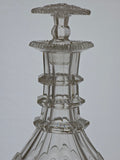 Regency Hand Cut glass faceted 3 ring neck decanter swirl cut with mushroom stopper
