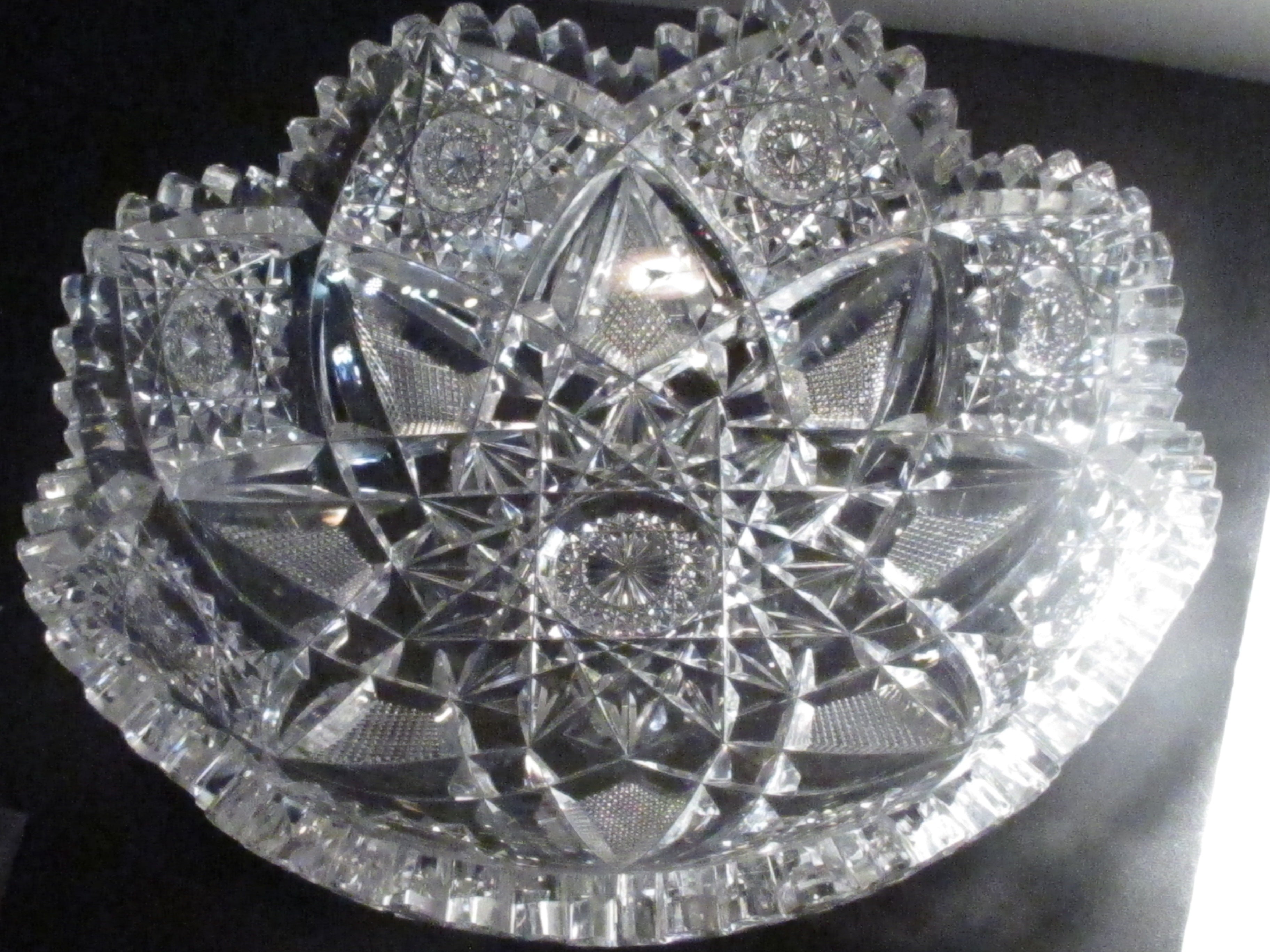 American Brilliant Cut Glass Low Bowl with Hobstars and Stars