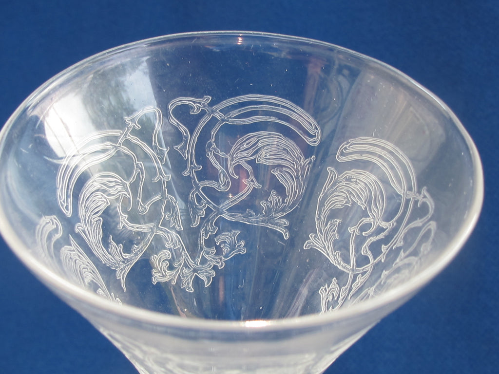 4 Needle etched glass liquor stemware Bryce ? antique