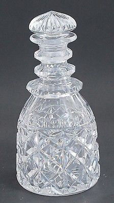 Hand Cut glass faceted 3 ring neck decanter crosscut with mushroom stopper auction