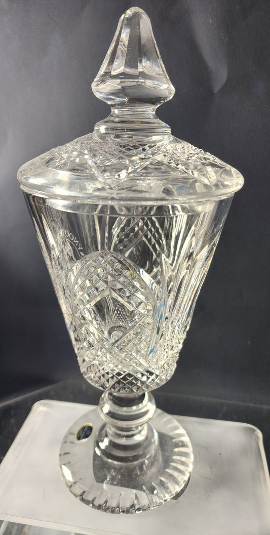 Hand Cut 24% lead crystal Award Dublin Maynooth college jar with lid