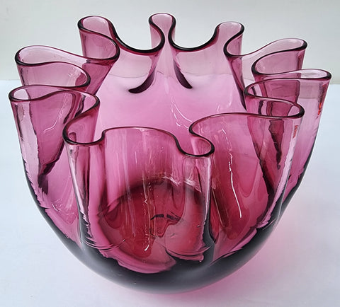 Art glass Cranberry hand blown ruffled vase