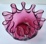 Art glass Cranberry hand blown ruffled vase