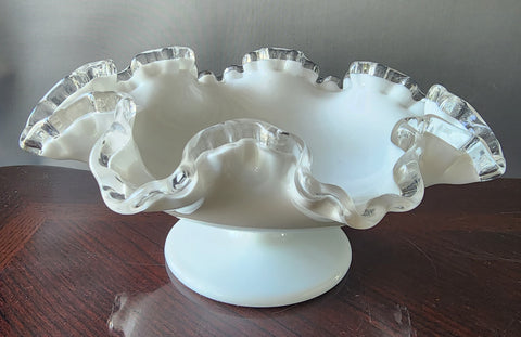 Fenton glass ruffled edge pedestal silver crest dish