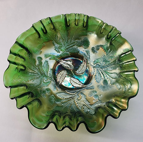 Fenton glass ruffled edge green thistle bowl