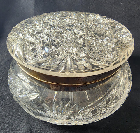 American Brilliant Period Cut Glass dresser box with  silver collar lid Antique abp