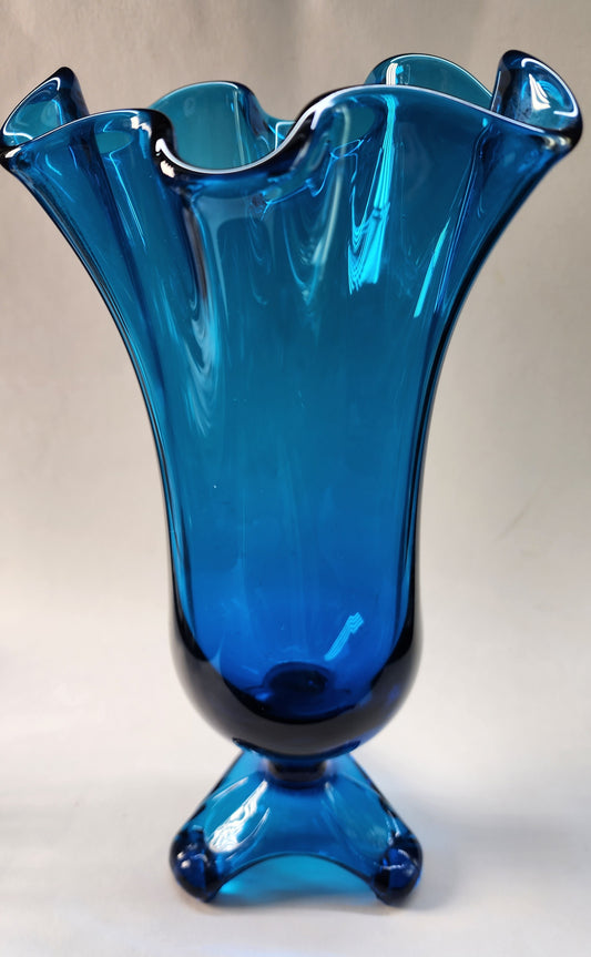 3 toe Glass blue ruffle edge vase
