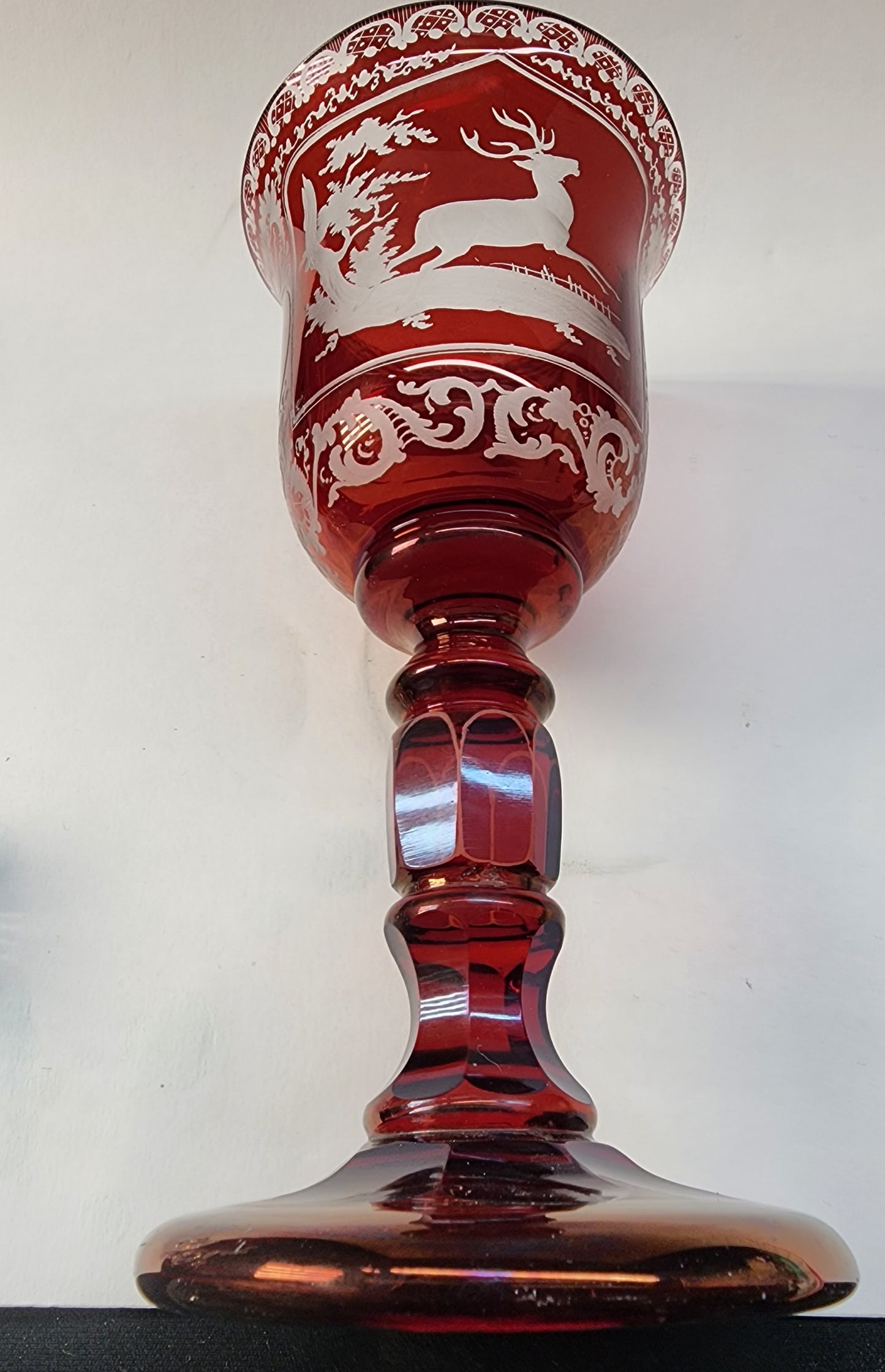 Engraved to clear vintage ruby glass chalice