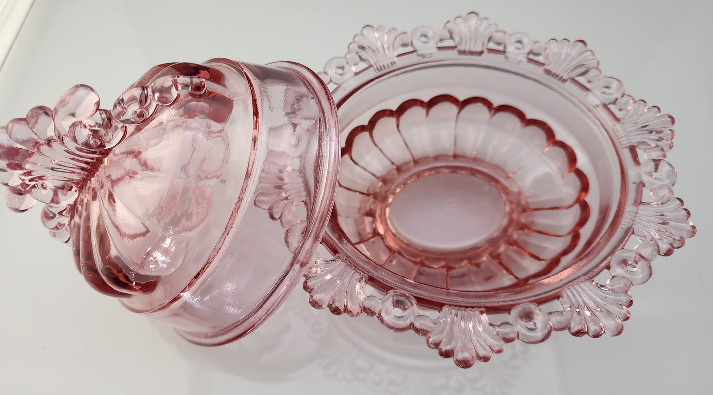 Westmoreland Glass Antique glass covered pink butter dish