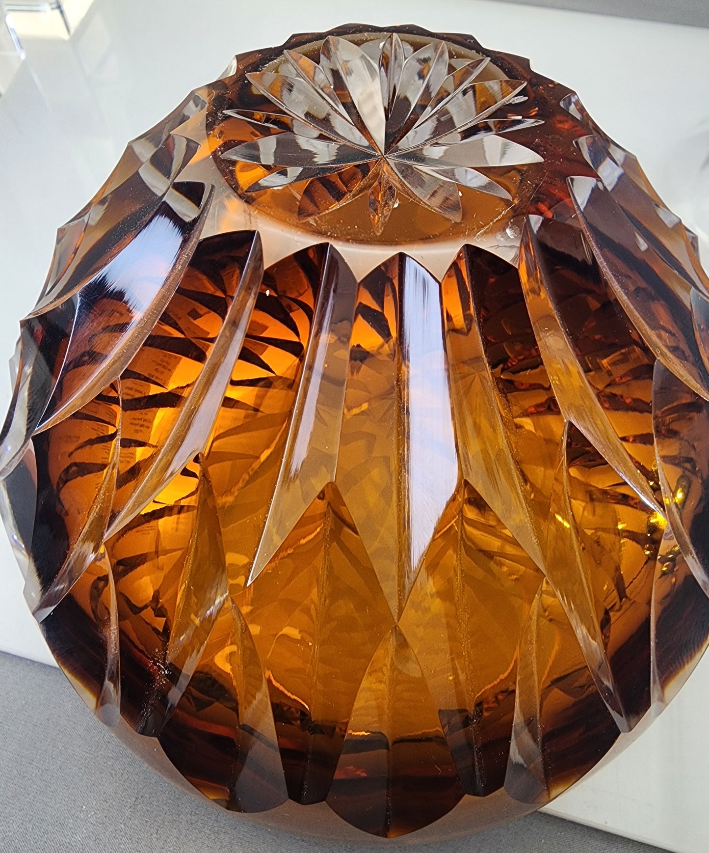 Hand Cut Amber glass bowl HAND POLISHED  signed by Peter ORourke