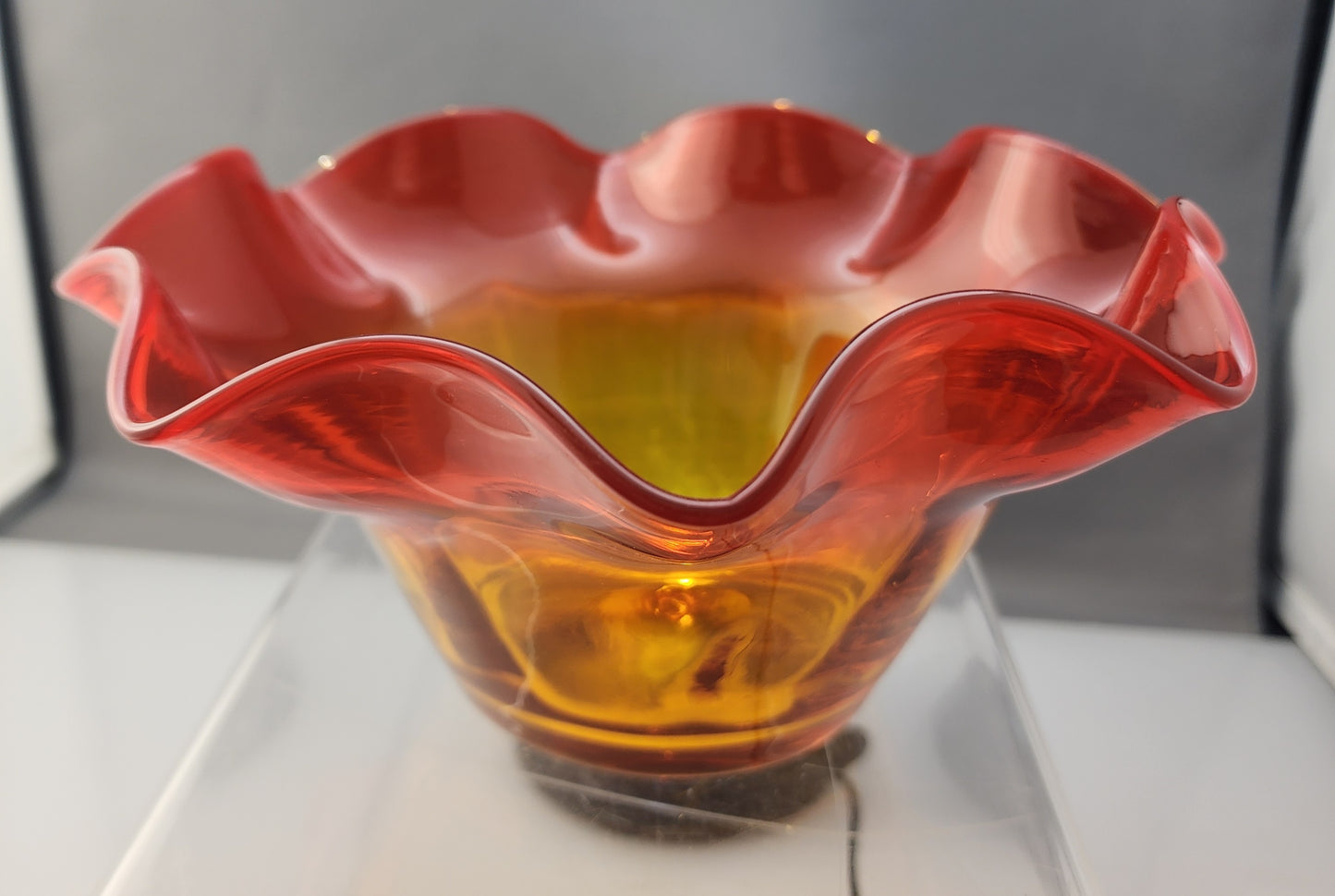 Blenko Glass Amberina vintage  bowl ruffled edge handcraft