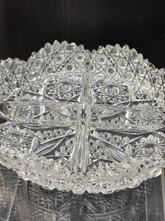ABP cut glass 4 section handled dish antique crystal