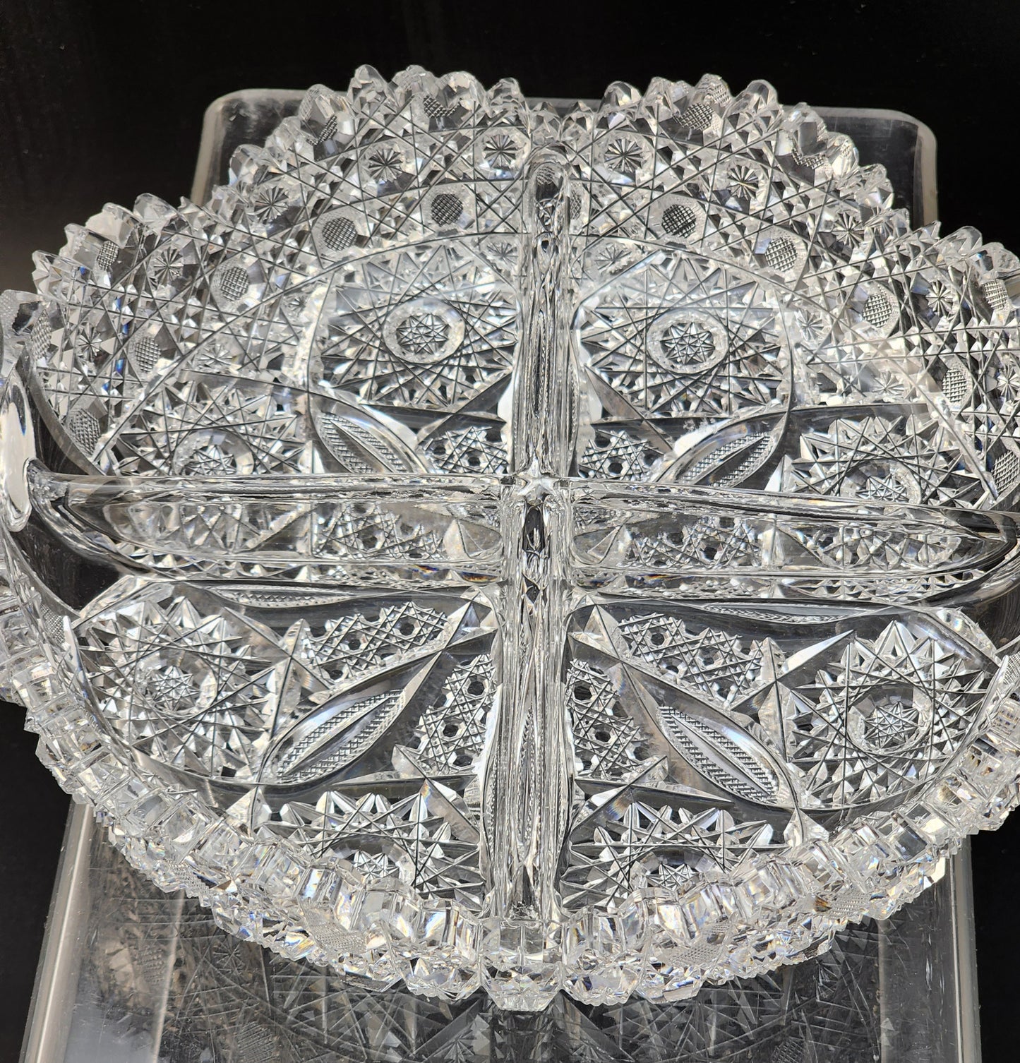 ABP cut glass 4 section handled dish antique crystal