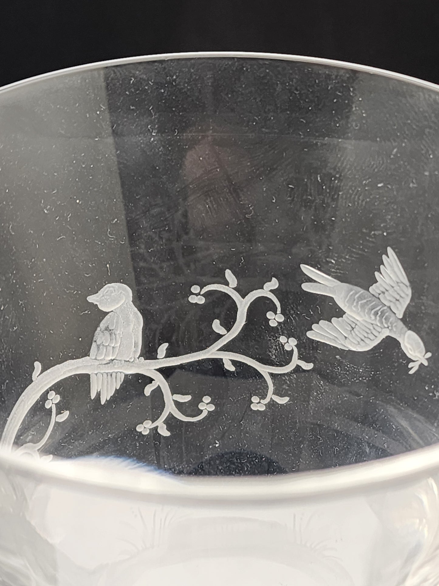 Cut glass goblet stemware Nestling copper wheel engraved birds