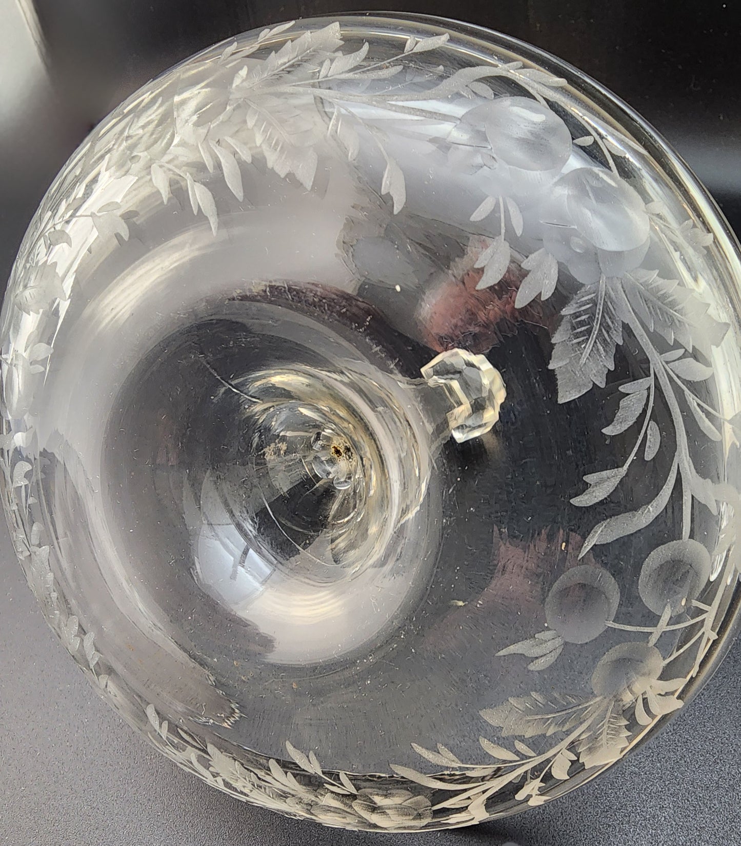 Hand Cut Glass and copper wheel engraved stick dish