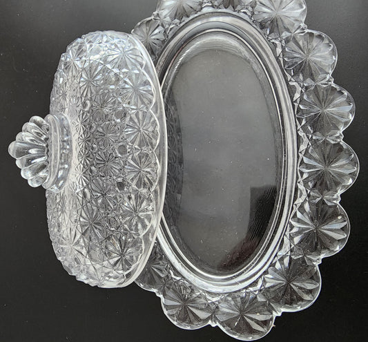 L.E. SMITH glass oval butter dish buttons and bows