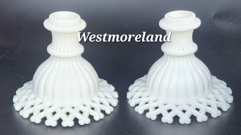 Westmoreland open lattice milk Glass candle holder pair