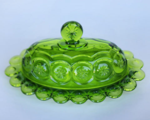 L. E Smith moon and star green Glass oval butter dish