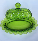 L. E Smith moon and star green Glass oval butter dish