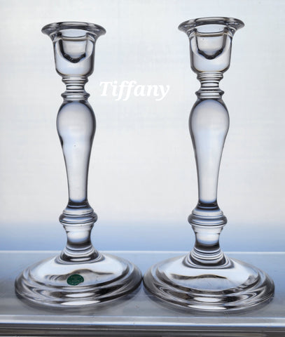 Signed Tiffany Glass candle sticks pair crystal