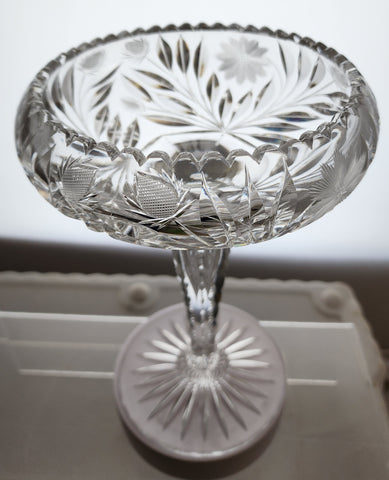 American Brilliant Period Cut Glass compote tear drop stem strawberries