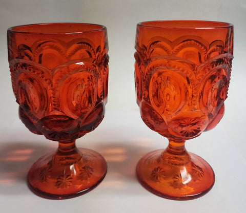 L E Smith Glass Moon and stars red Goblet pair