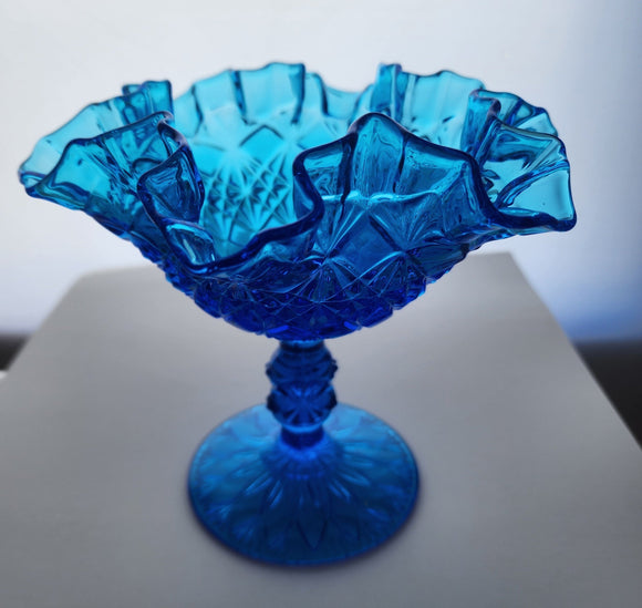 Fenton stemed ruffled crimped glass colonial blue candy dish auction