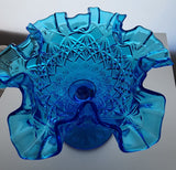 Fenton stemed ruffled crimped glass colonial blue candy dish auction