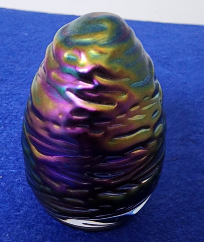 Glass eye iridescent treaded egg paperweight