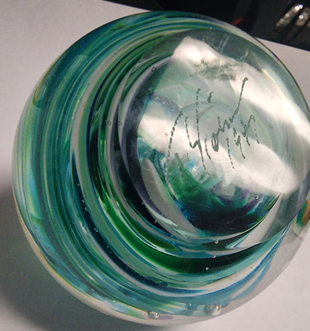 Art glass Signed 1997 green swirl paperweight