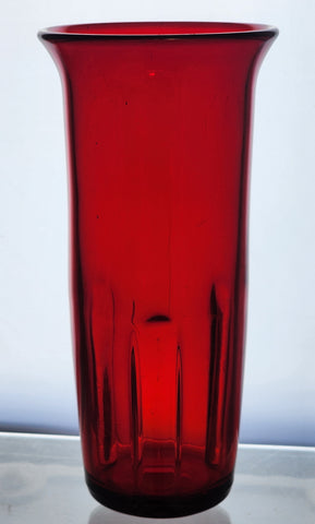 Red glass vase 3 groves