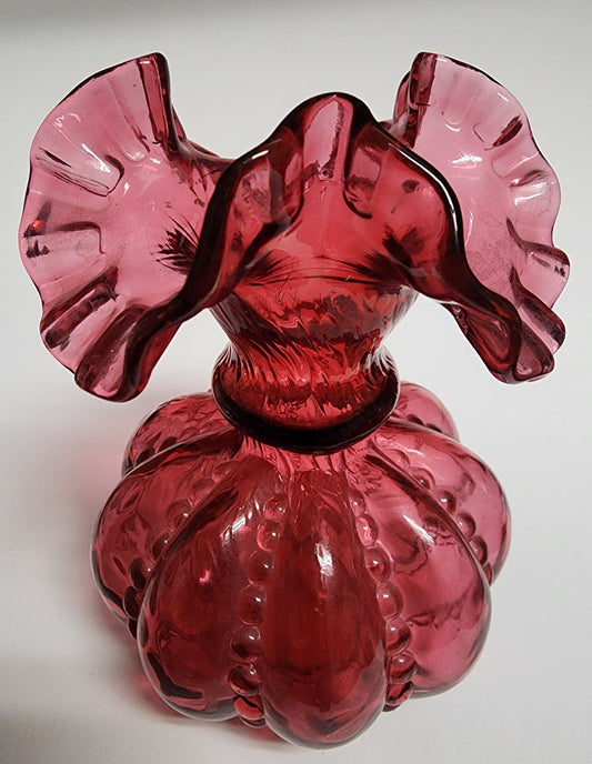 Fenton glass ruffled edge beaded Melon cranberry vase