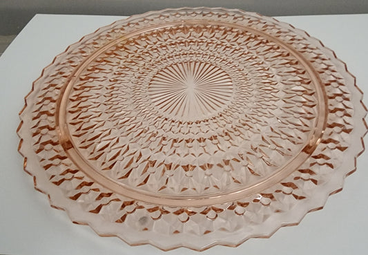 Depression Glass Jeannette holiday buttons pink cake plate auction