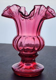 Fenton glass ruffled edge optic cranberry urn vase