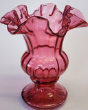 Fenton glass ruffled edge optic cranberry urn vase