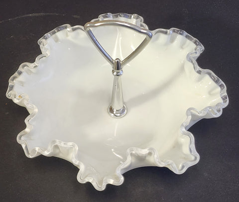 Fenton glass ruffled edge silver crest handled nappie