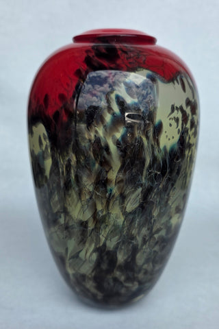 Signed N Jenkino Art glass black, cream and red vase
