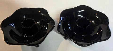 L.E Smith Glass black 3 leged candle sticks Greek key Pair
.