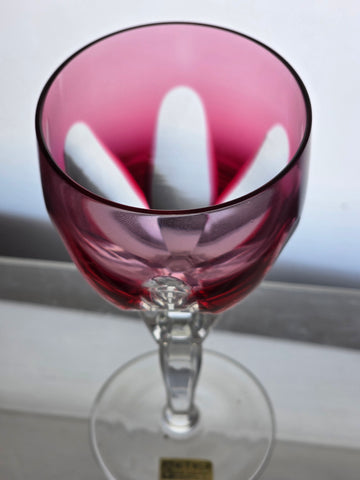 Hand Cut to clear cranberry wine glass