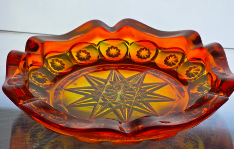 L E Smith Glass Moon and stars Amberinea ashtray