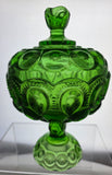 Moon and star green Glass footed dish with lid L.E Smith