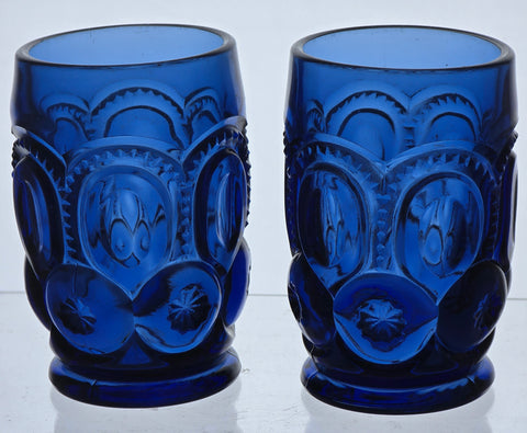 L E Smith Glass Moon and stars blue flat tumbler pair