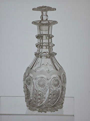 Regency Hand Cut glass faceted 3 ring neck decanter swirl cut with mushroom stopper