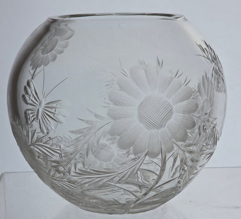 Hand cut glass rose bowl, Butterfly and floral