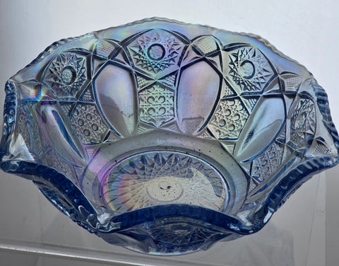 L.E Smith Glass blue iridescent ruffled edge bowl
