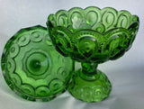 Moon and star green Glass footed dish with lid L.E Smith
