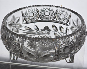 Cut glass 3 legged bowl Hand cut antique Auction