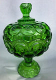 Moon and star green Glass footed dish with lid L.E Smith