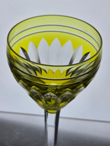 Val st Lambert lime green Hand Cut to clear wine glass