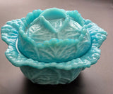 Blue opaline Glass cabbage bowl with lid